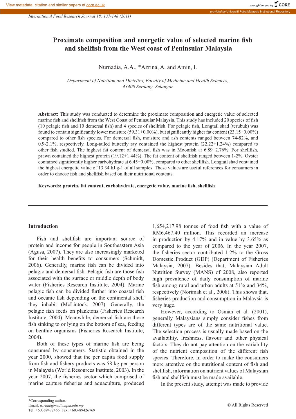 Proximate Composition and Energetic Value of Selected Marine Fish and Shellfish from the West Coast of Peninsular Malaysia