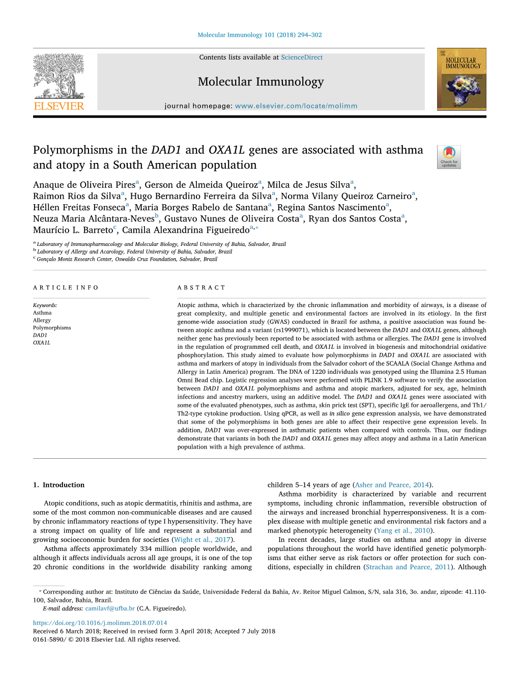 Polymorphisms in the DAD1 and OXA1L Genes Are Associated with Asthma and Atopy in a South American Population T