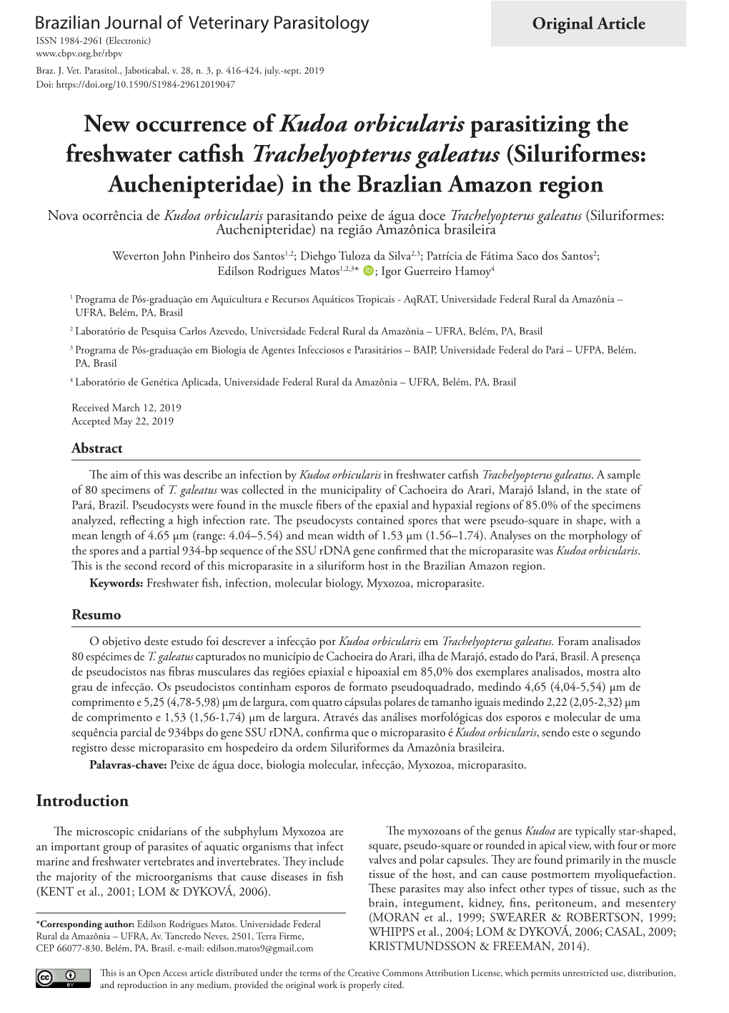 New Occurrence of Kudoa Orbicularis Parasitizing the Freshwater Catfish