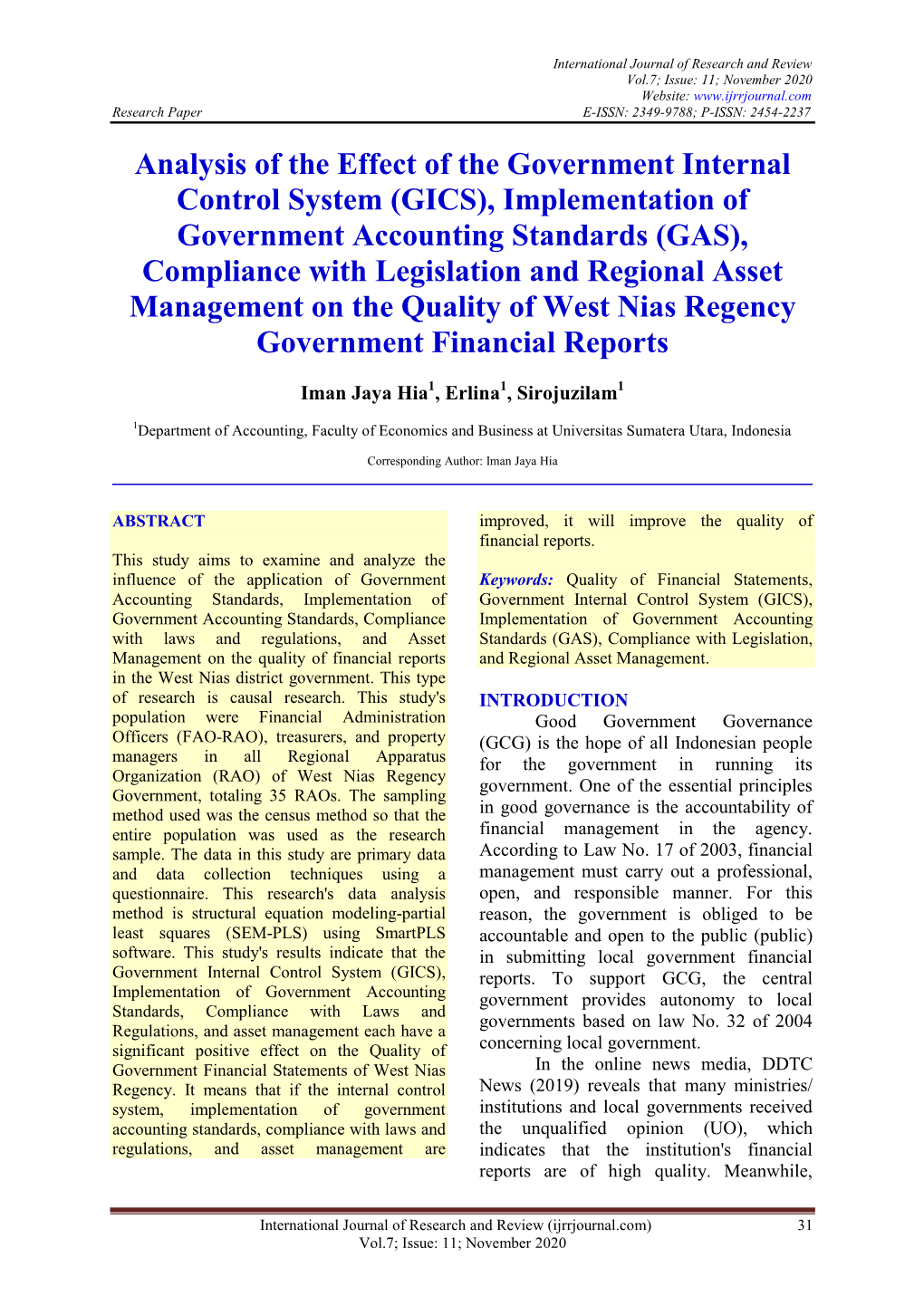 Analysis of the Effect of the Government Internal Control System