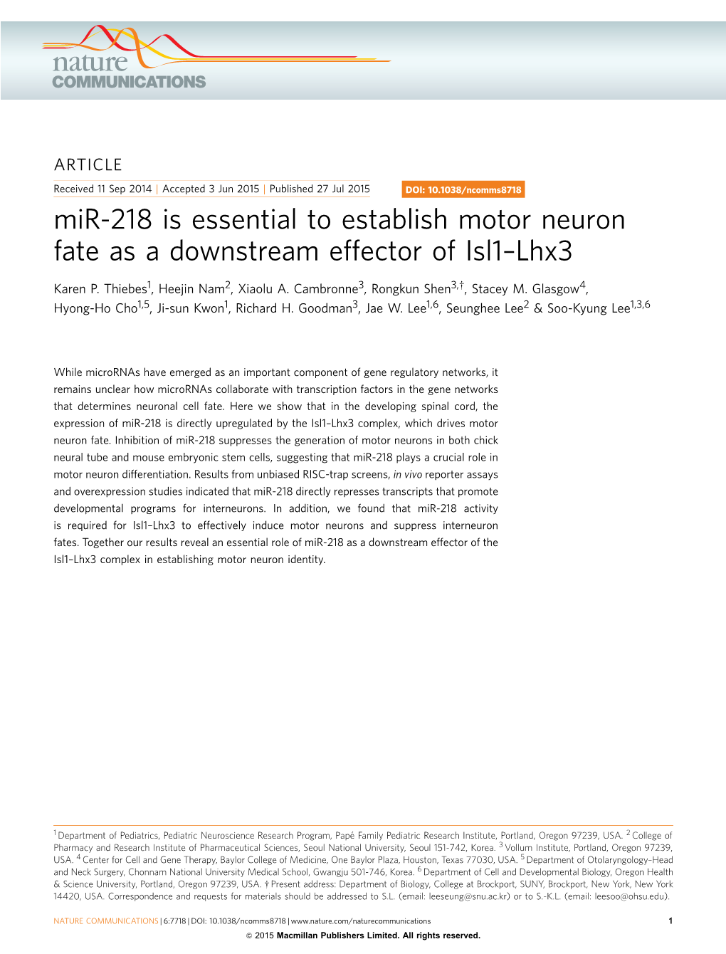 Mir-218 Is Essential to Establish Motor Neuron Fate As a Downstream Effector of Isl1–Lhx3