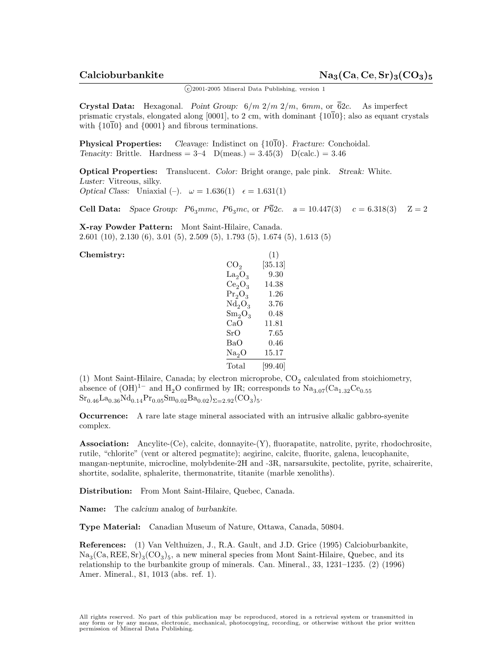 Calcioburbankite Na3(Ca, Ce, Sr)3(CO3)5 C 2001-2005 Mineral Data Publishing, Version 1