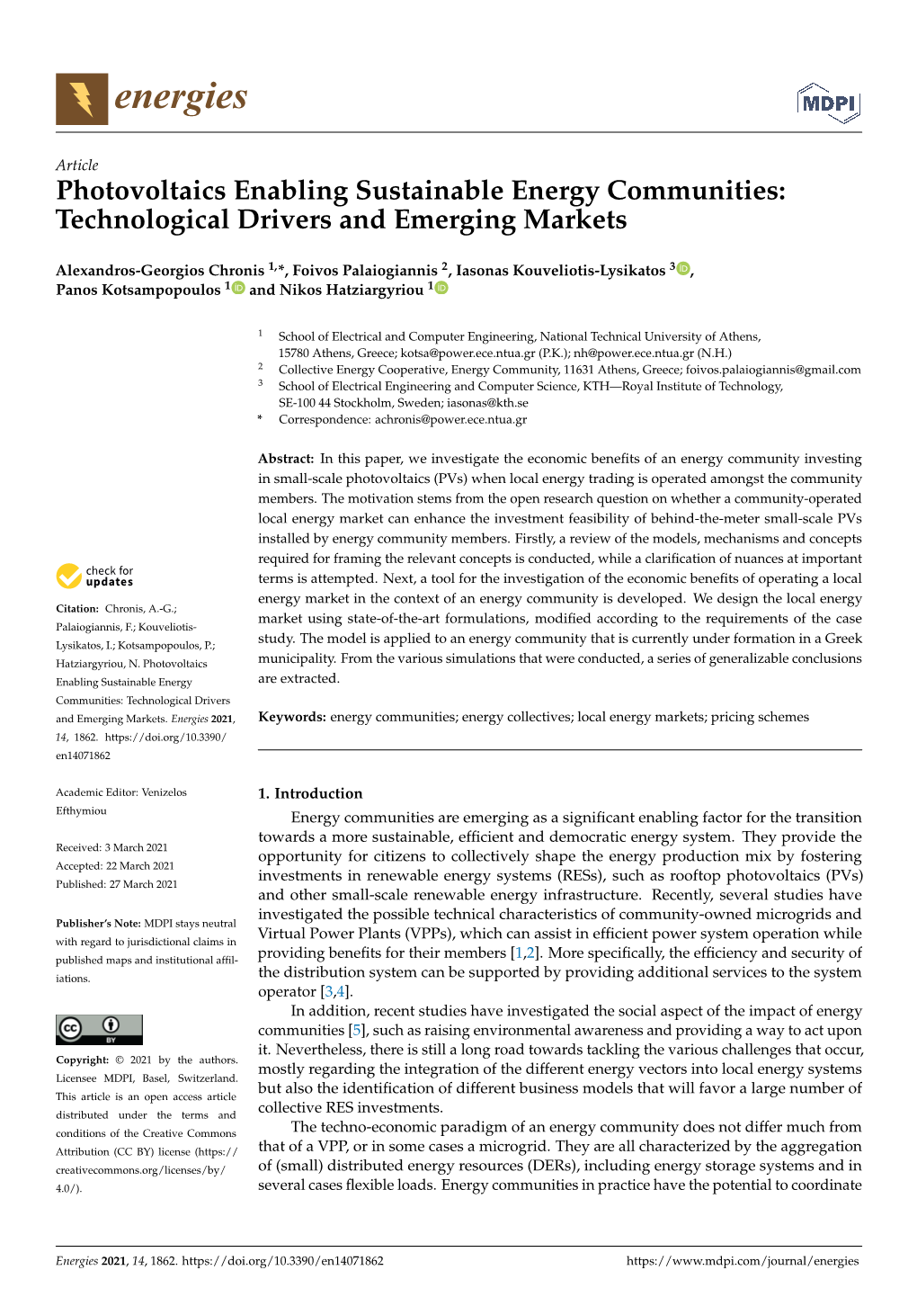 Photovoltaics Enabling Sustainable Energy Communities: Technological Drivers and Emerging Markets