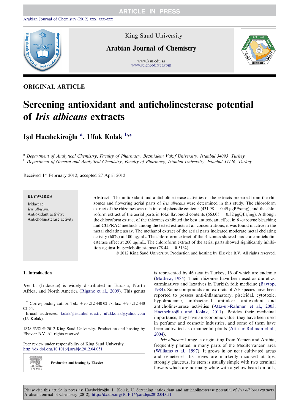 Screening Antioxidant and Anticholinesterase Potential of Iris Albicans Extracts