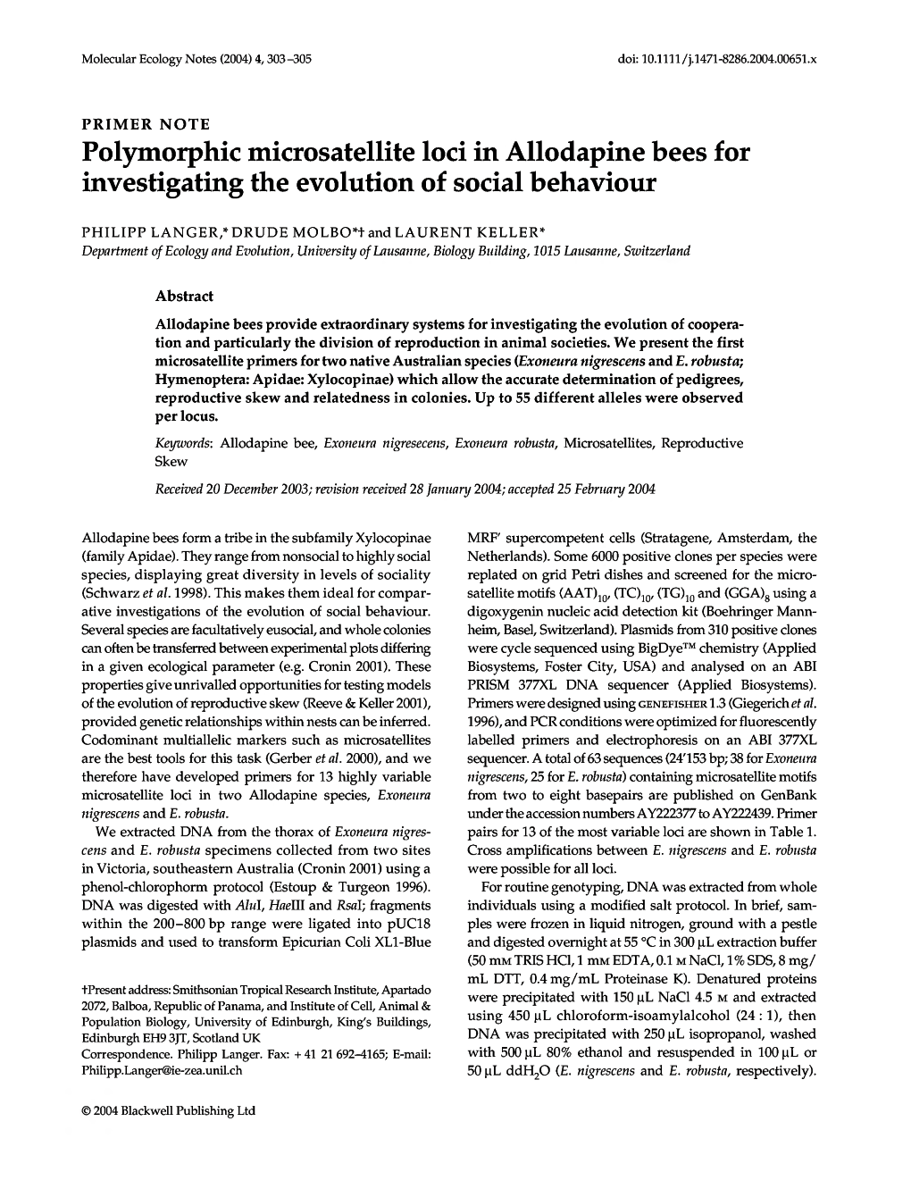 Polymorphic Microsatellite Loci in Allodapine Bees for Investigating the Evolution of Social Behaviour