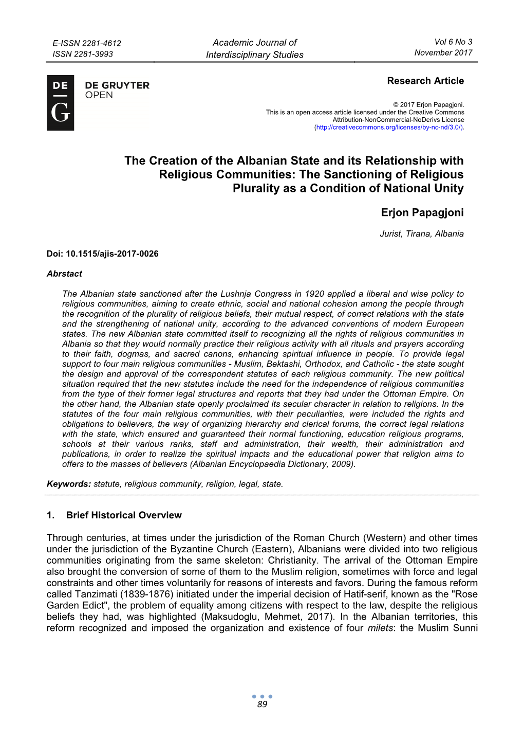 The Creation of the Albanian State and Its Relationship with Religious Communities: the Sanctioning of Religious Plurality As a Condition of National Unity