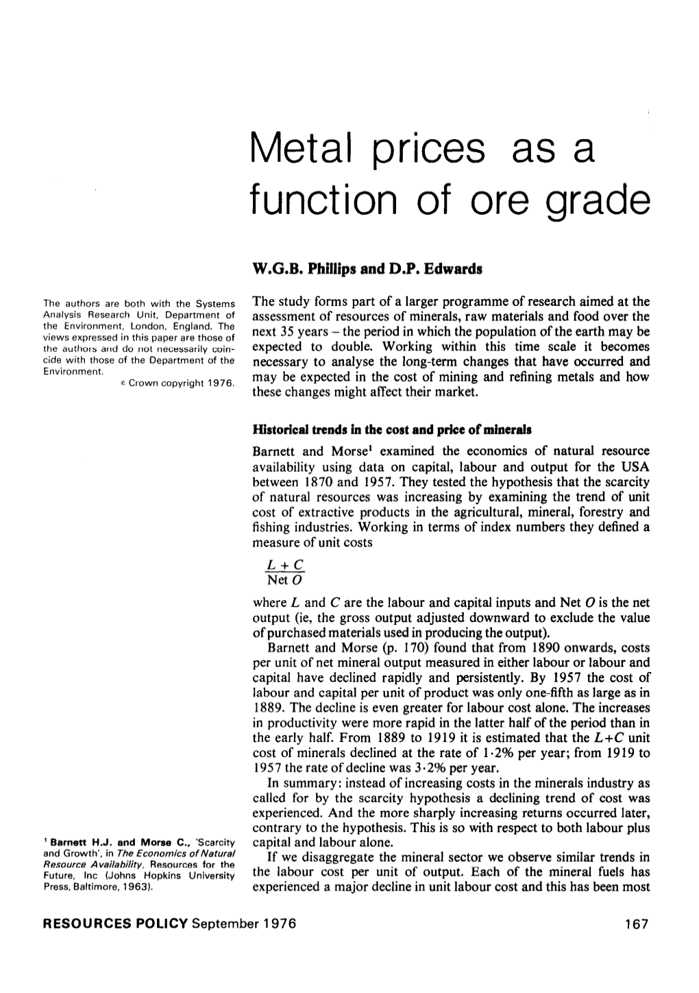 Metal Prices As a Function of Ore Grade