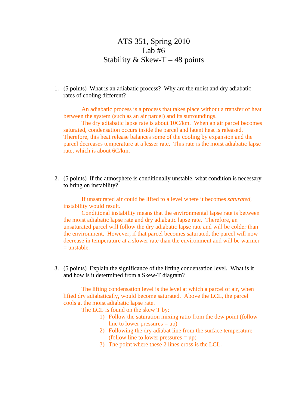 ATS 351, Spring 2010 Lab #6 Stability & Skew-T – 48 Points