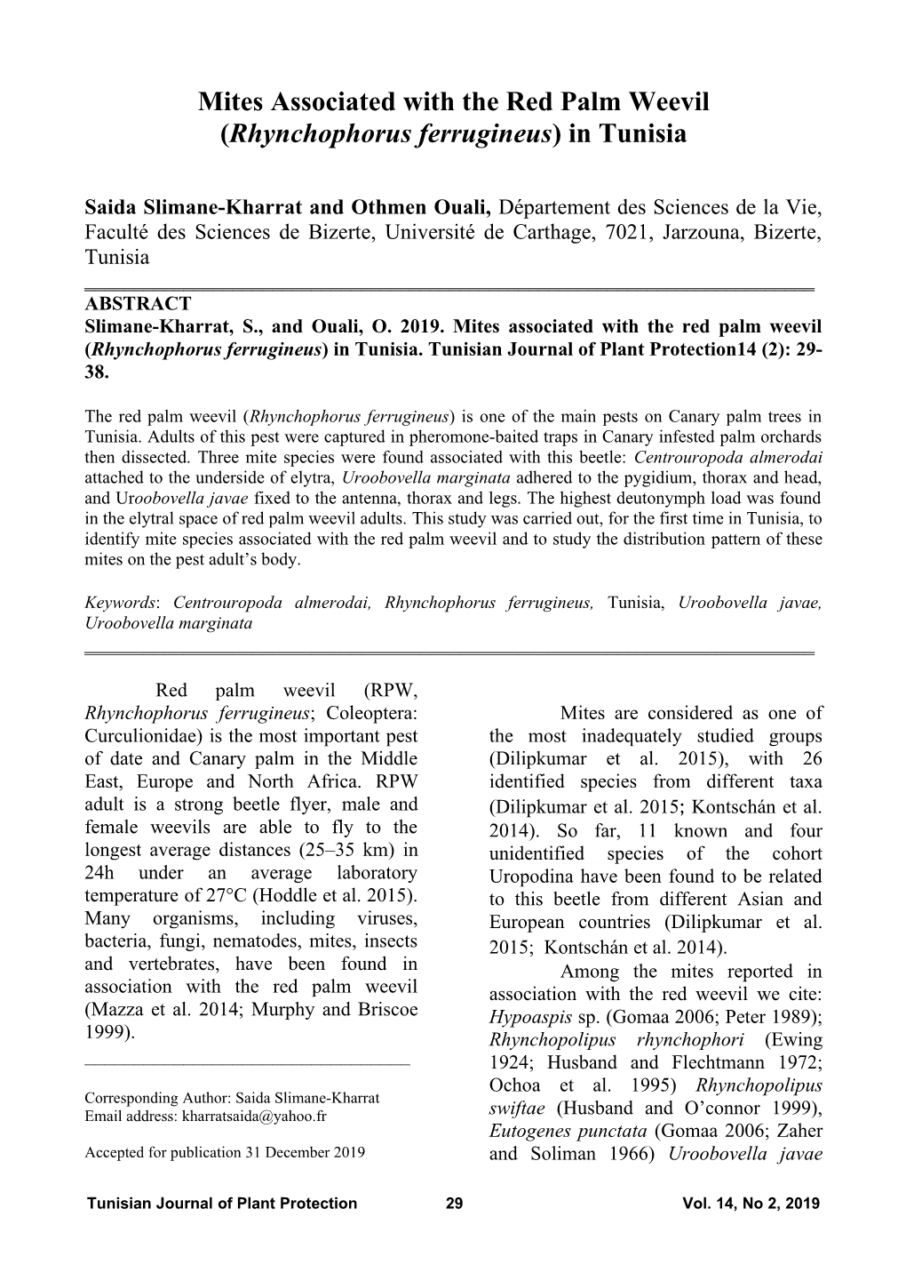 Mites Associated with the Red Palm Weevil (Rhynchophorus Ferrugineus) in Tunisia