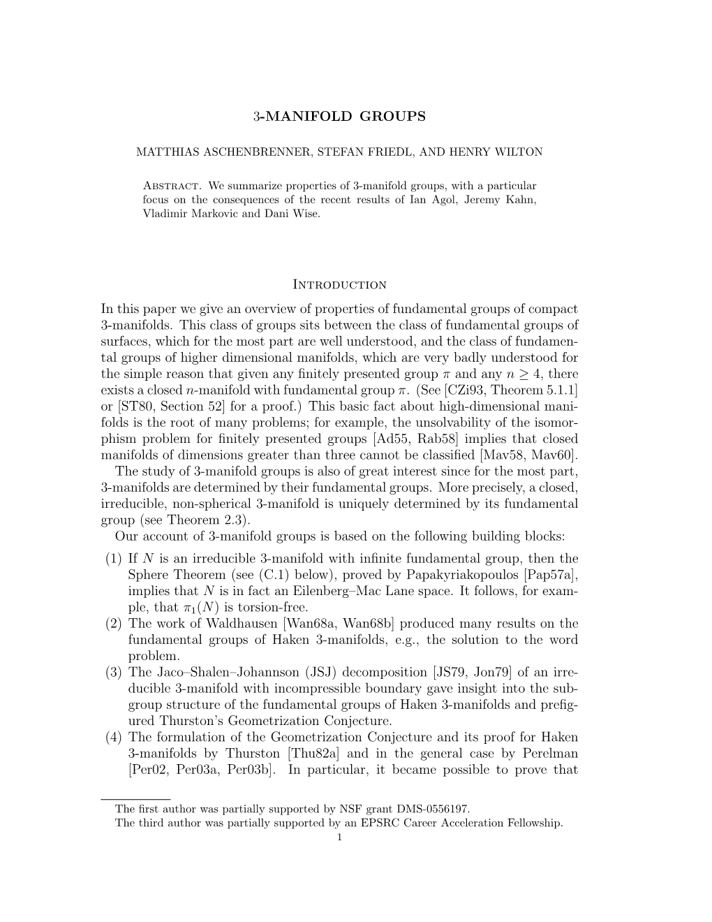 3-MANIFOLD GROUPS Introduction in This Paper We Give an Overview Of