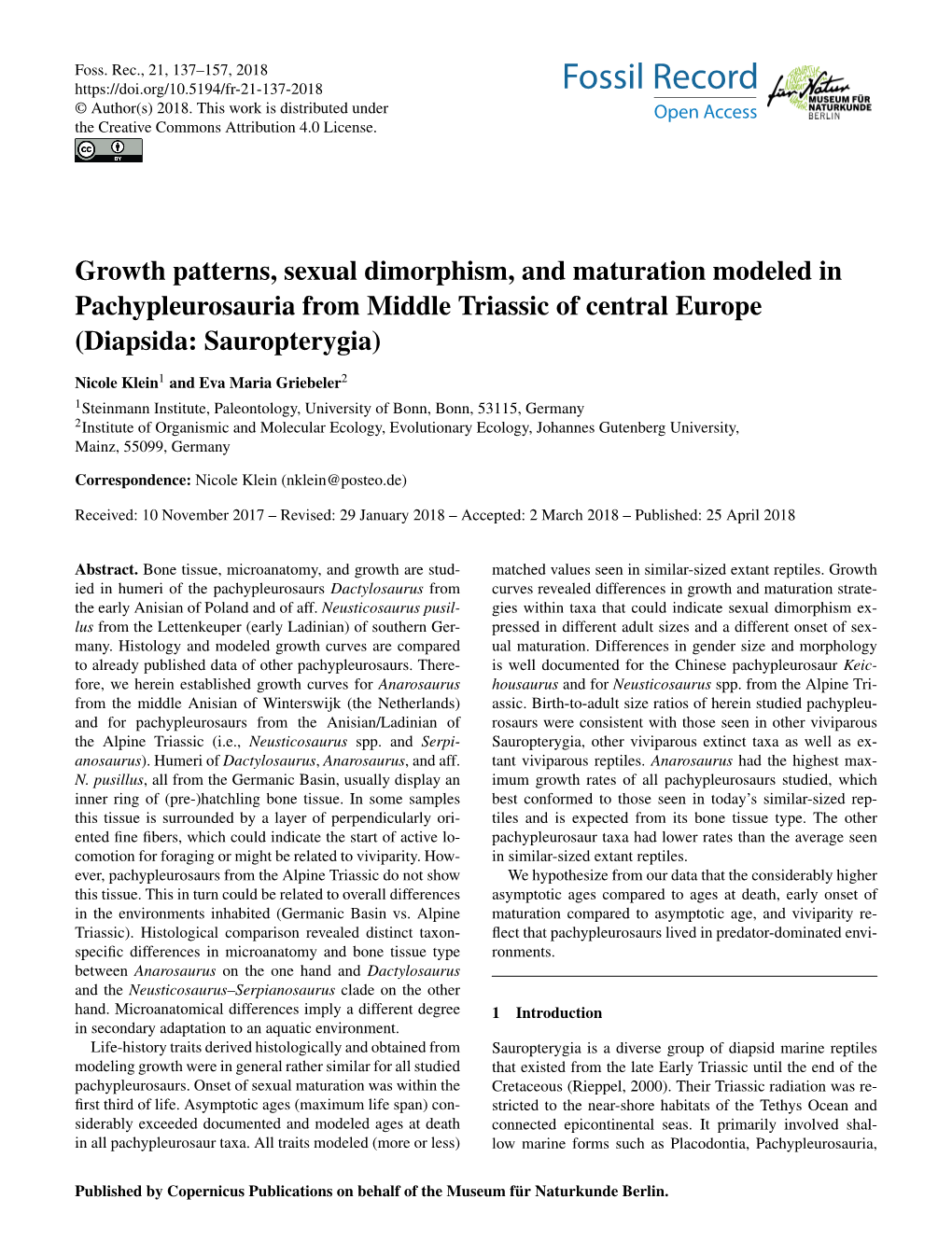 Growth Patterns, Sexual Dimorphism, and Maturation Modeled in Pachypleurosauria from Middle Triassic of Central Europe (Diapsida: Sauropterygia)