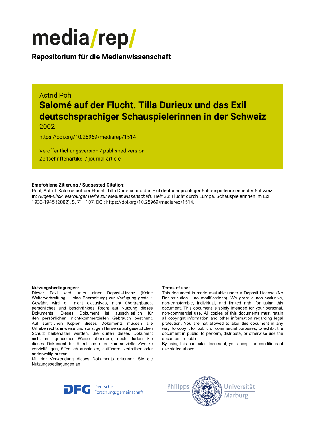 Salomé Auf Der Flucht. Tilla Durieux Und Das Exil Deutschsprachiger Schauspielerinnen in Der Schweiz 2002