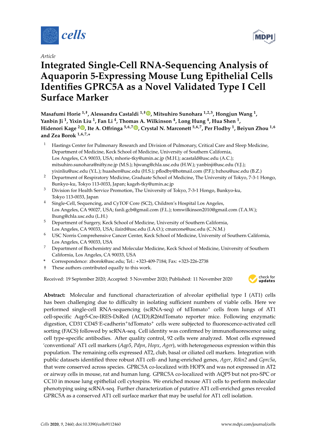 Integrated Single-Cell RNA-Sequencing Analysis of Aquaporin 5-Expressing Mouse Lung Epithelial Cells Identifies GPRC5A As a Nove