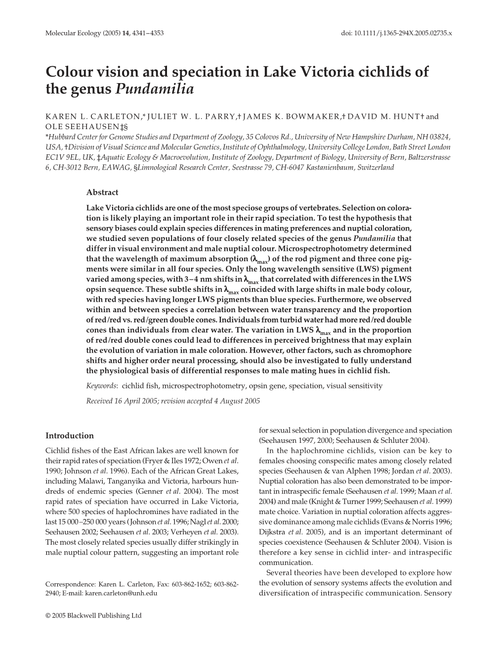 Colour Vision and Speciation in Lake Victoria Cichlids of the Genus