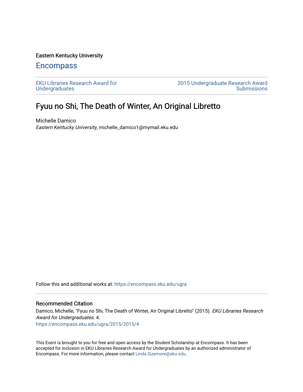 Fyuu No Shi, the Death of Winter, an Original Libretto