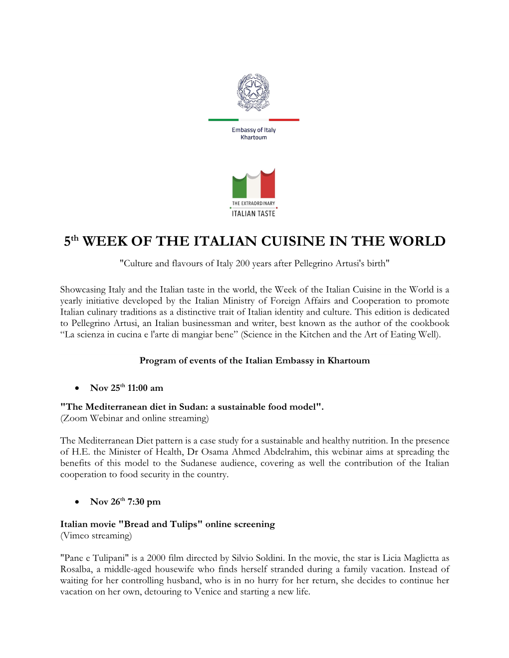 5Th WEEK of the ITALIAN CUISINE in the WORLD 