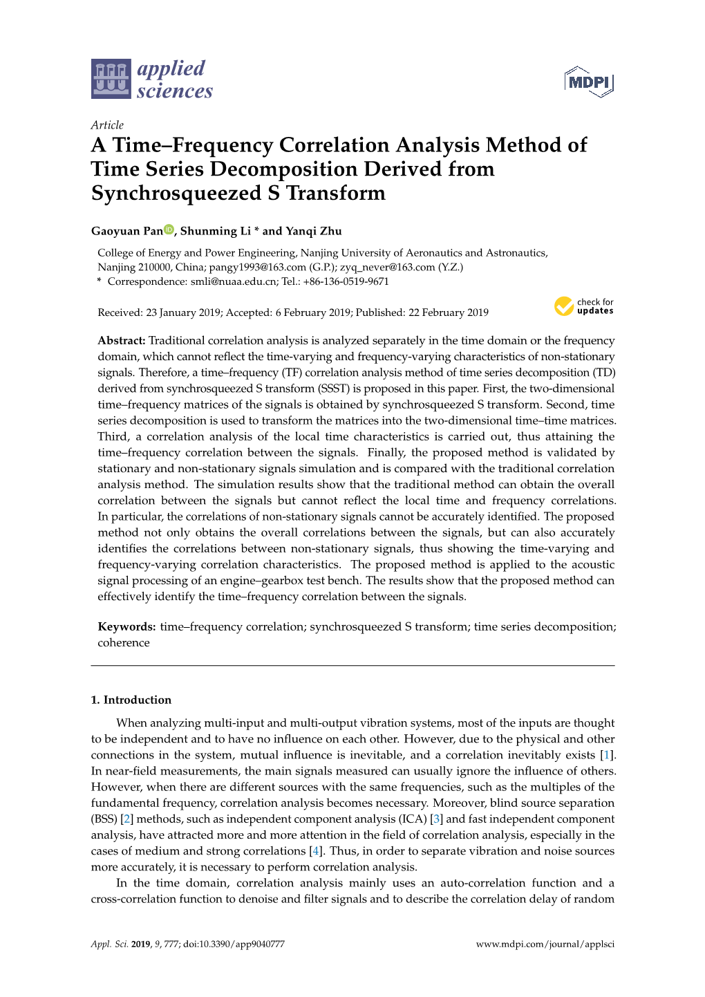 A Time–Frequency Correlation Analysis Method of Time Series Decomposition Derived from Synchrosqueezed S Transform