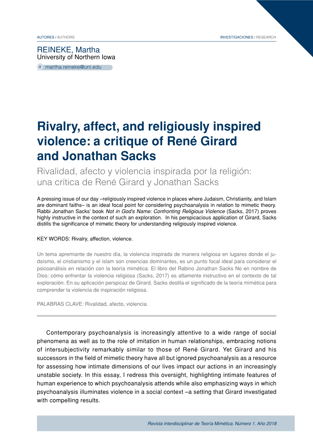 A Critique of René Girard and Jonathan Sacks Rivalidad, Afecto Y Violencia Inspirada Por La Religión: Una Crítica De René Girard Y Jonathan Sacks