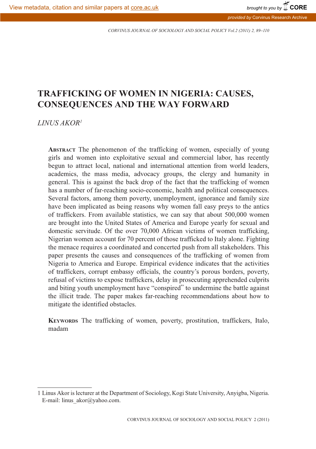 Trafficking of Women in Nigeria: Causes, Consequences and the Way Forward