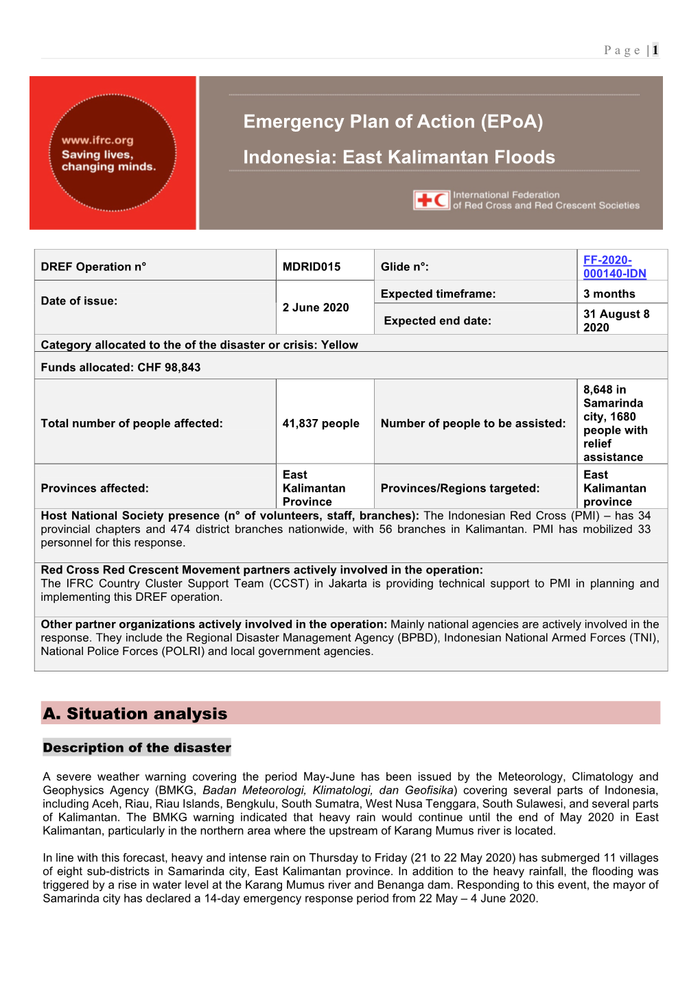 Emergency Plan of Action (Epoa) Indonesia: East Kalimantan Floods