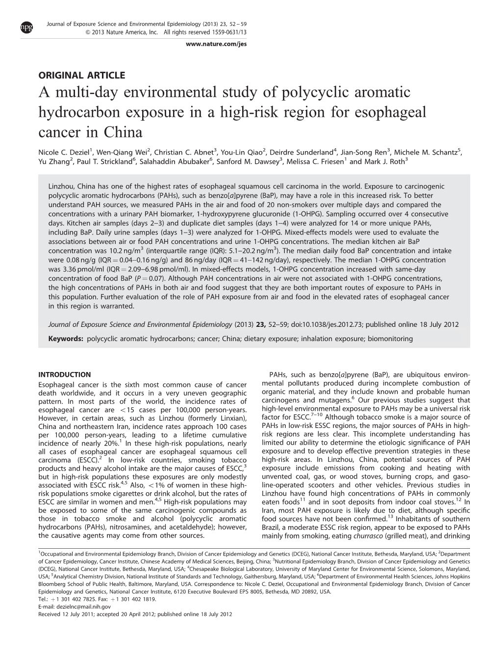 A Multi-Day Environmental Study of Polycyclic Aromatic Hydrocarbon Exposure in a High-Risk Region for Esophageal Cancer in China