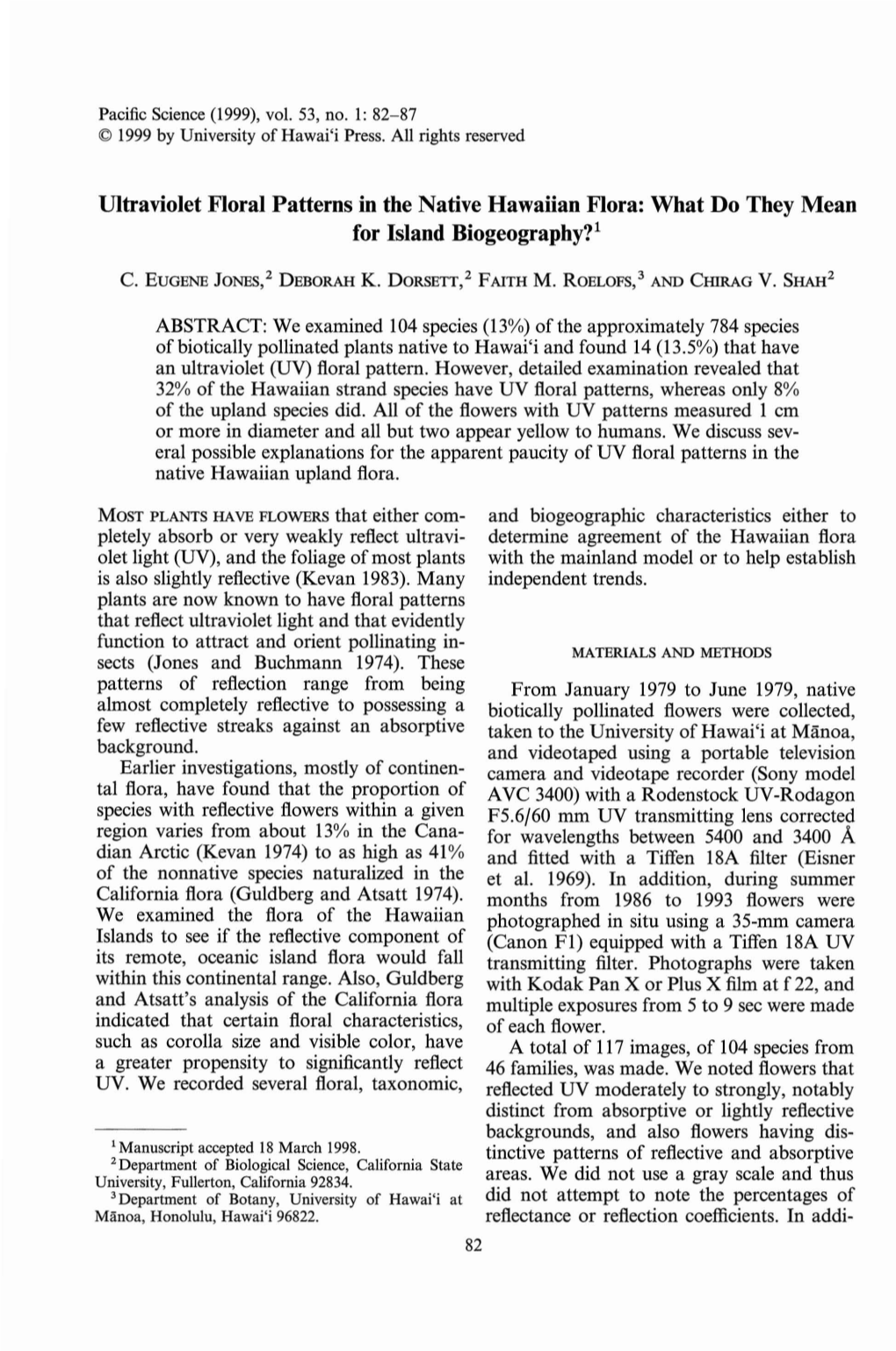 Ultraviolet Floral Patterns in the Native Hawaiian Flora: What Do They Mean for Island Biogeography?L