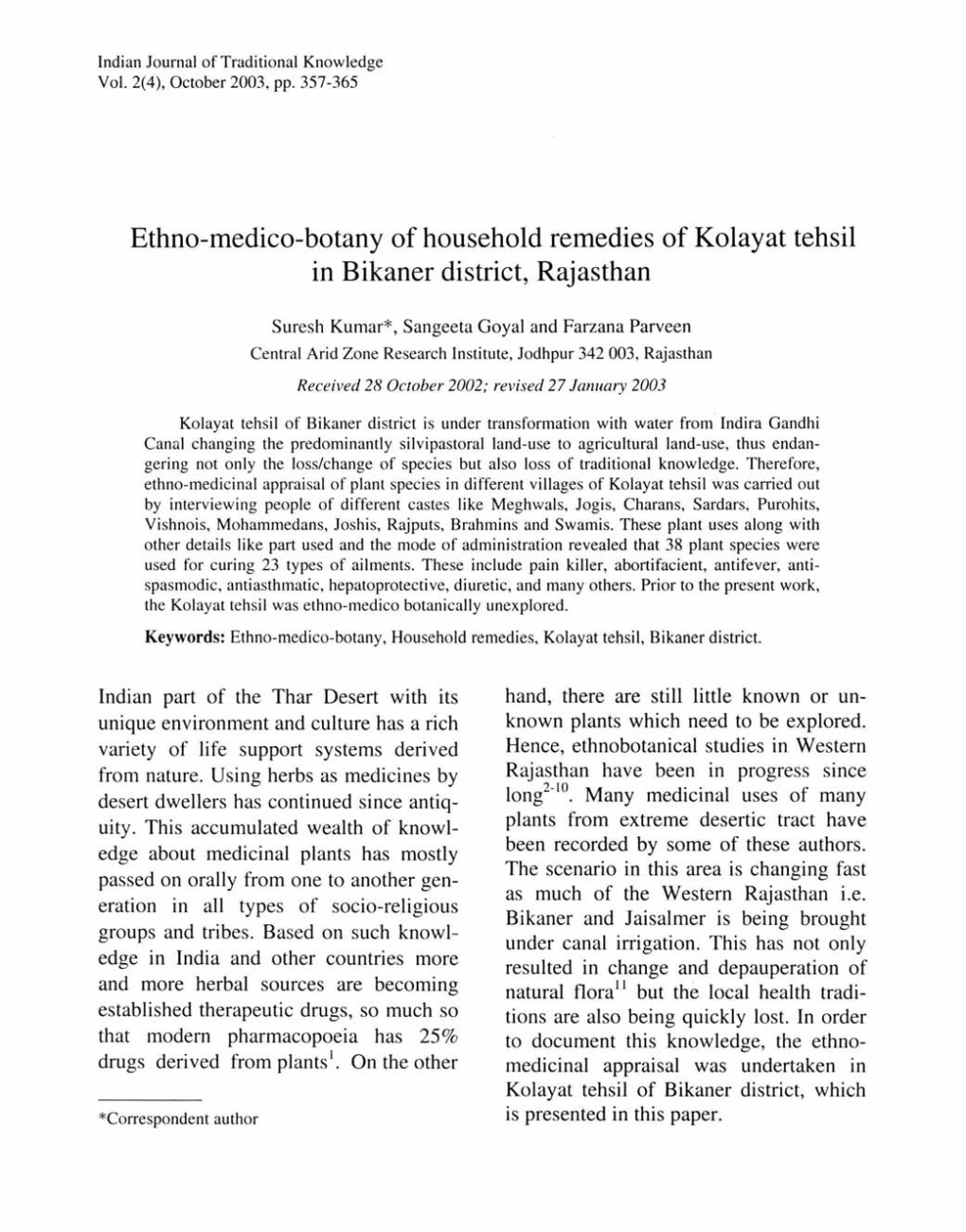 Ethno-Medico-Botany of Household Remedies of Kolayat Tehsil in Bikaner District, Rajasthan