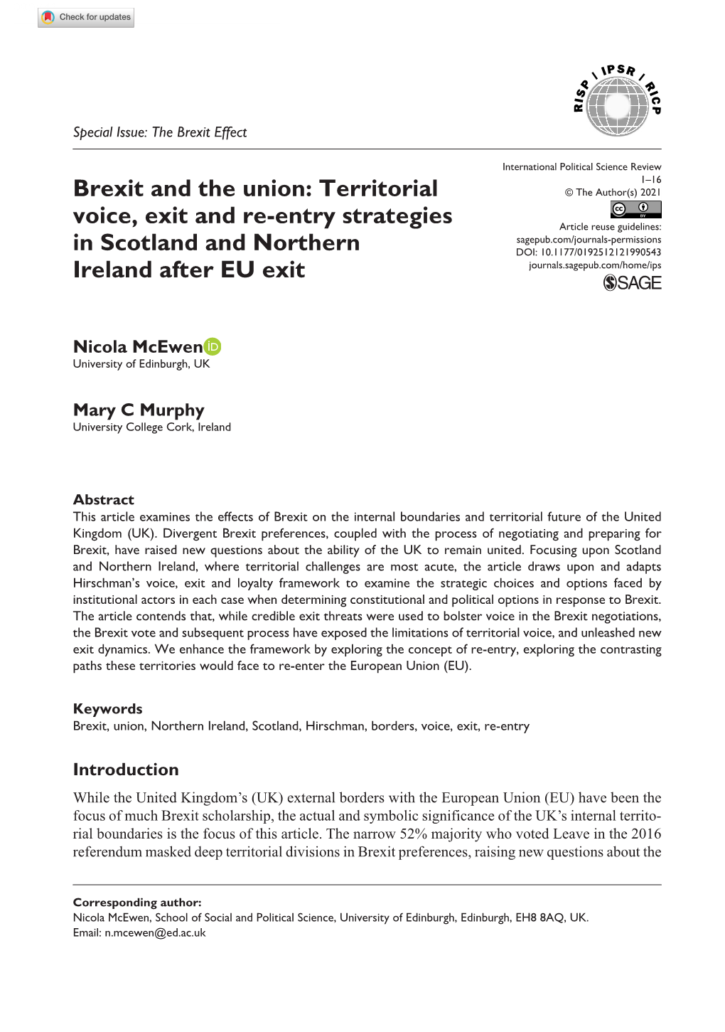 Brexit and the Union: Territorial © the Author(S) 2021