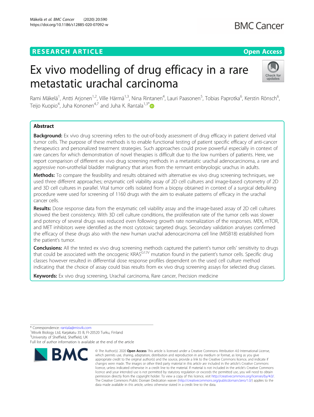 Ex Vivo Modelling of Drug Efficacy in a Rare Metastatic Urachal Carcinoma