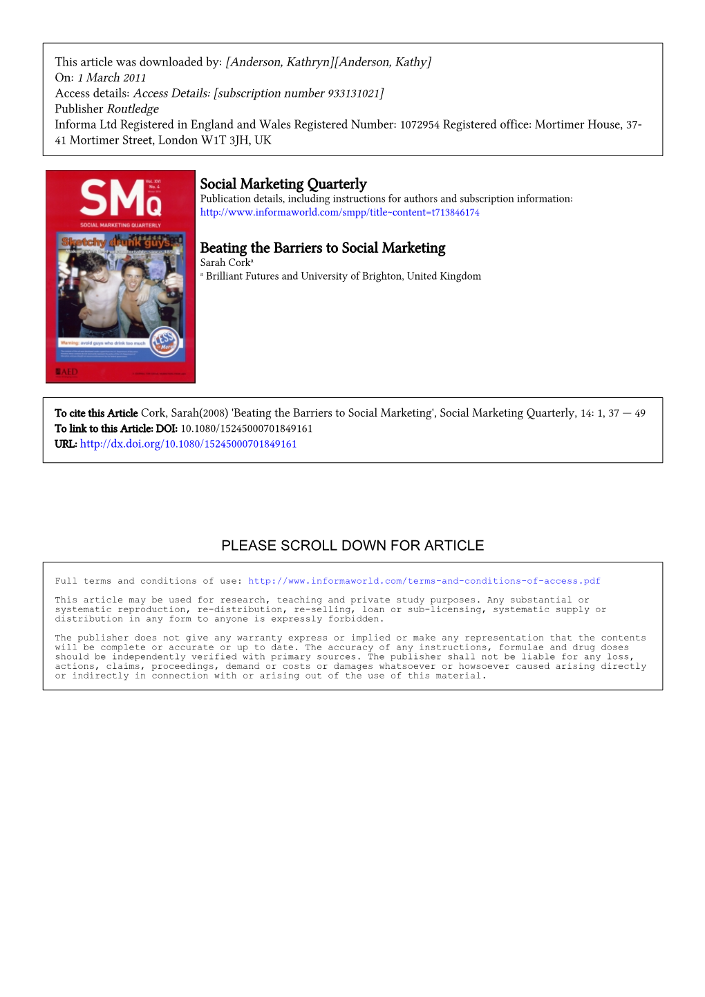 Social Marketing Quarterly Beating the Barriers to Social Marketing