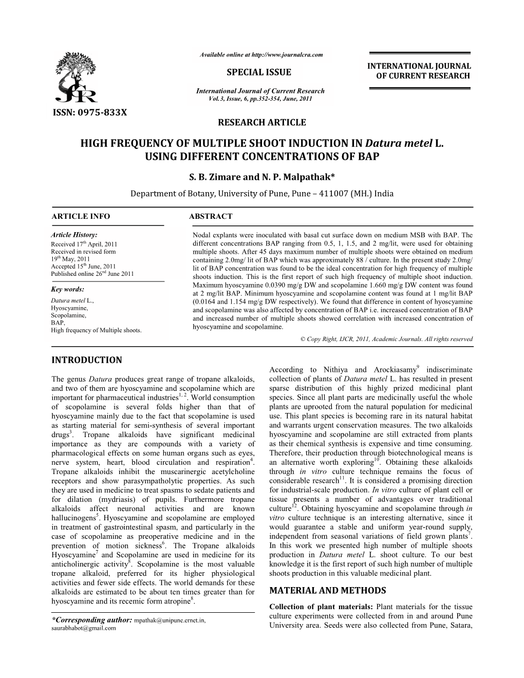 HIGH FREQUENCY of MULTIPLE SHOOT INDUCTION in Datura Metel L