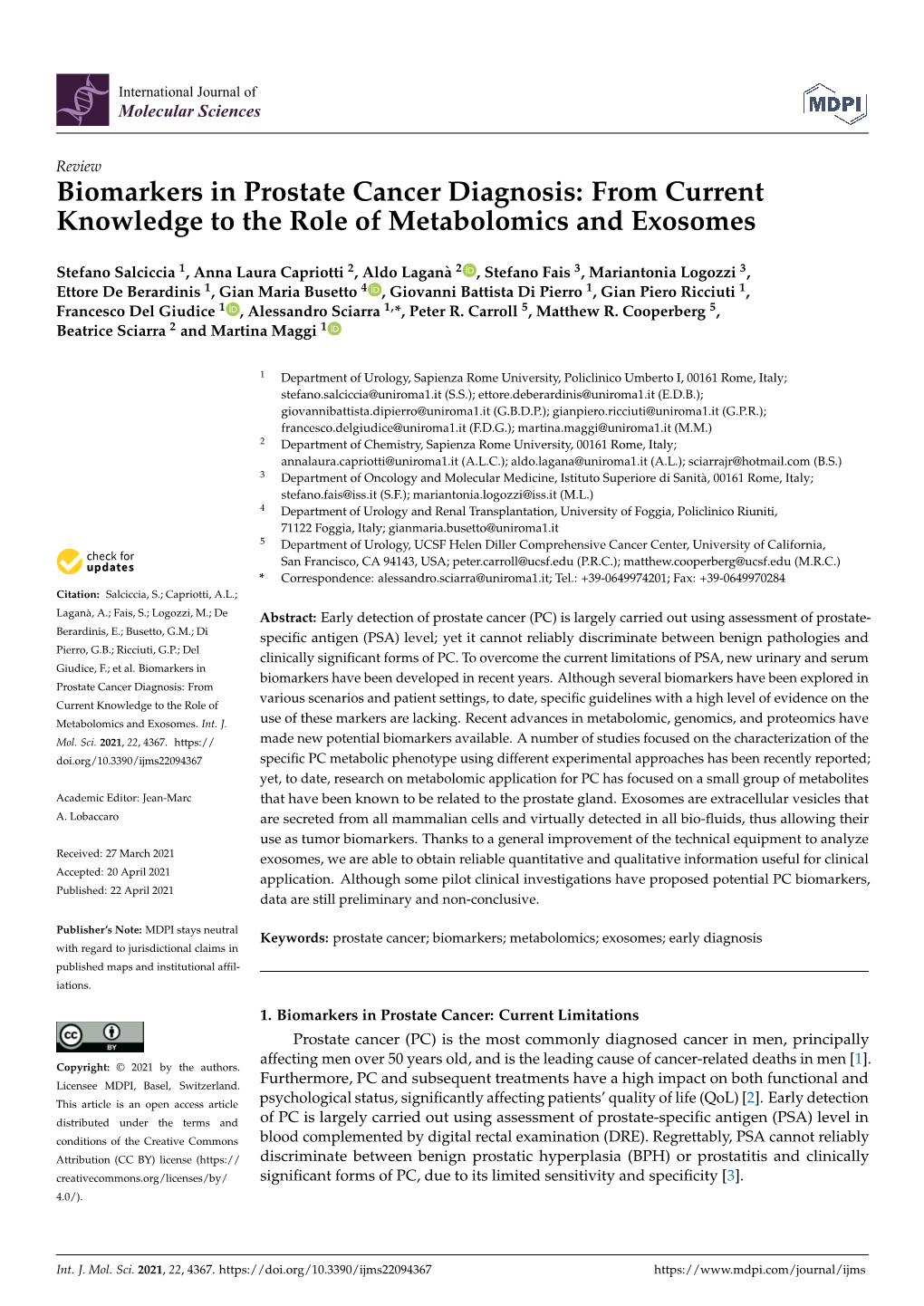 Biomarkers in Prostate Cancer Diagnosis: from Current Knowledge to the Role of Metabolomics and Exosomes