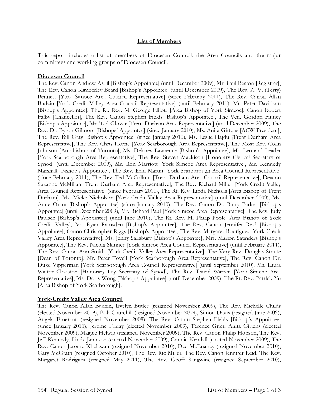 List of Members This Report Includes a List of Members of Diocesan Council