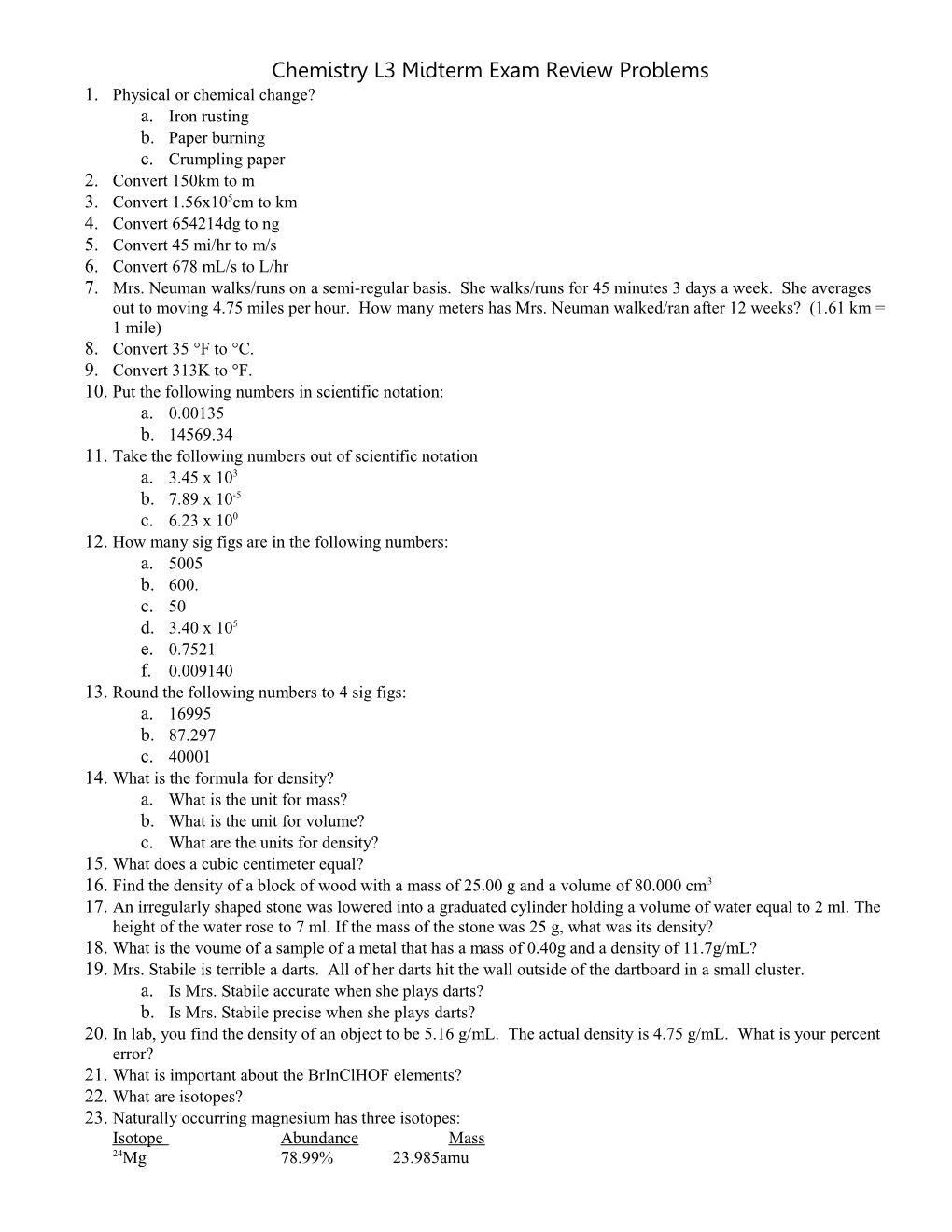 Chemistry L3 Midterm Exam Review Problems