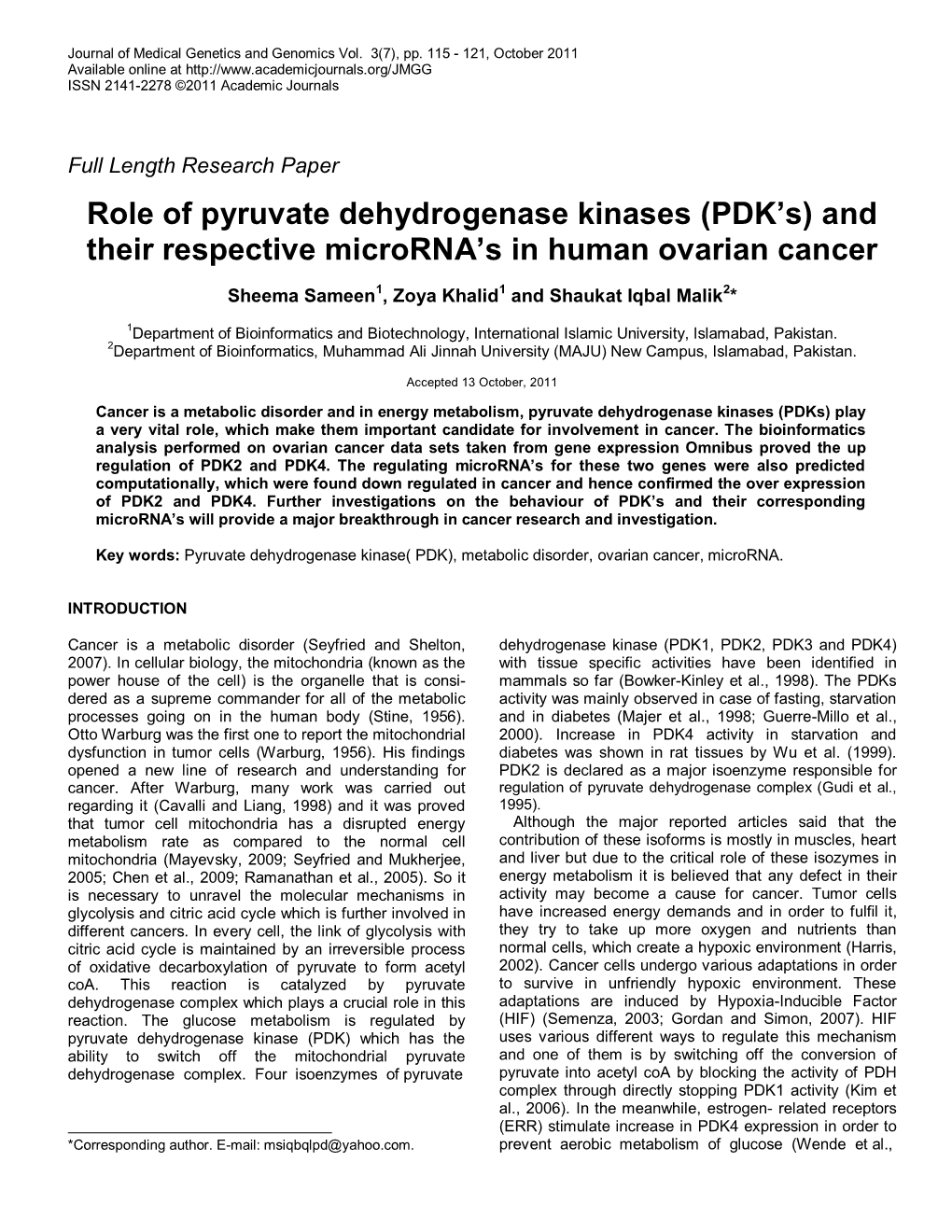 Role of Pyruvate Dehydrogenase Kinases (PDK's) and Their