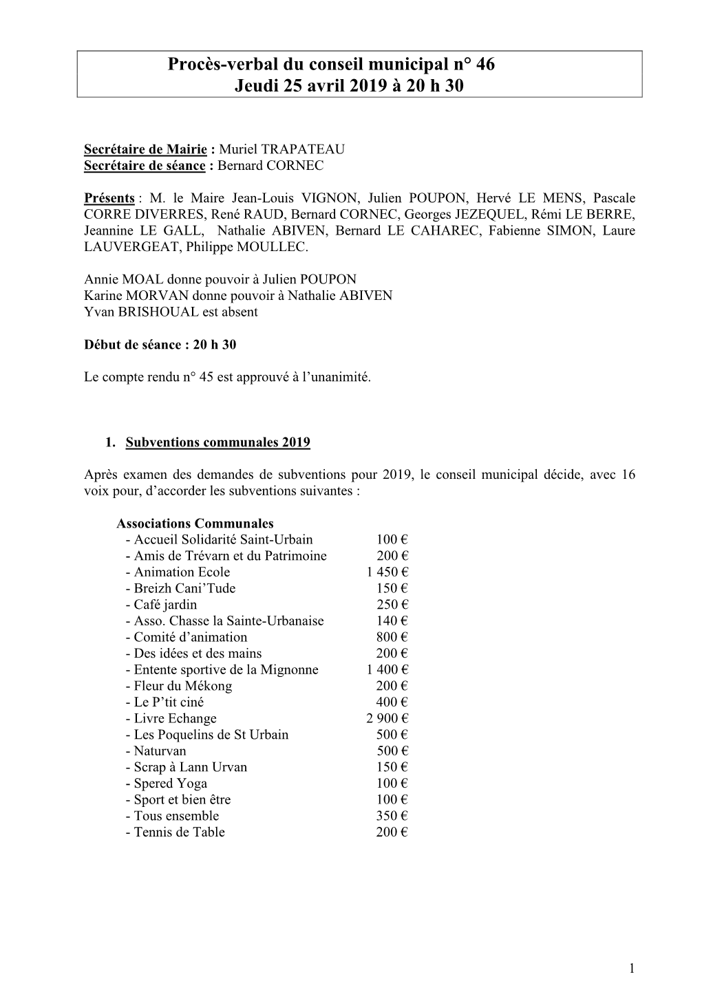 Procès-Verbal Du Conseil Municipal N° 46 Jeudi 25 Avril 2019 À 20 H 30