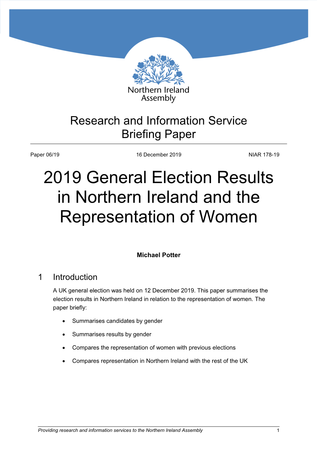 2019 General Election Results in Northern Ireland and the Representation of Women