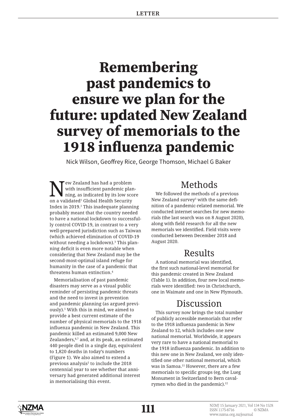 Updated New Zealand Survey of Memorials to the 1918 Influenza Pandemic Nick Wilson, Geoffrey Rice, George Thomson, Michael G Baker