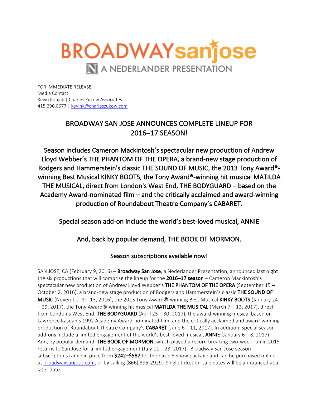 Broadway San Jose Announces Complete Lineup for 2016–17 Season!