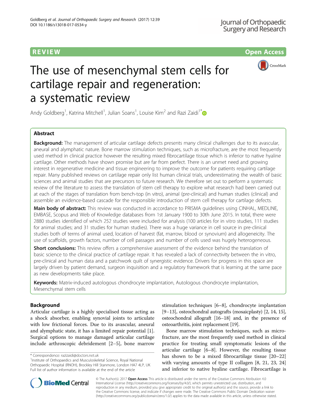 The Use of Mesenchymal Stem Cells for Cartilage Repair and Regeneration