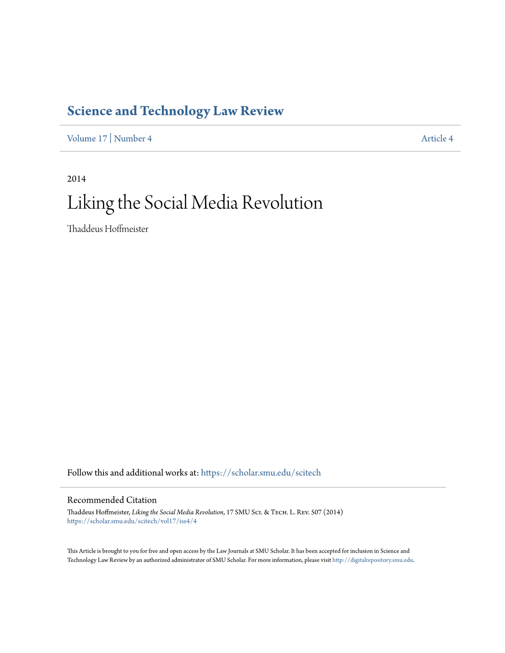 Liking the Social Media Revolution Thaddeus Hoffmeister