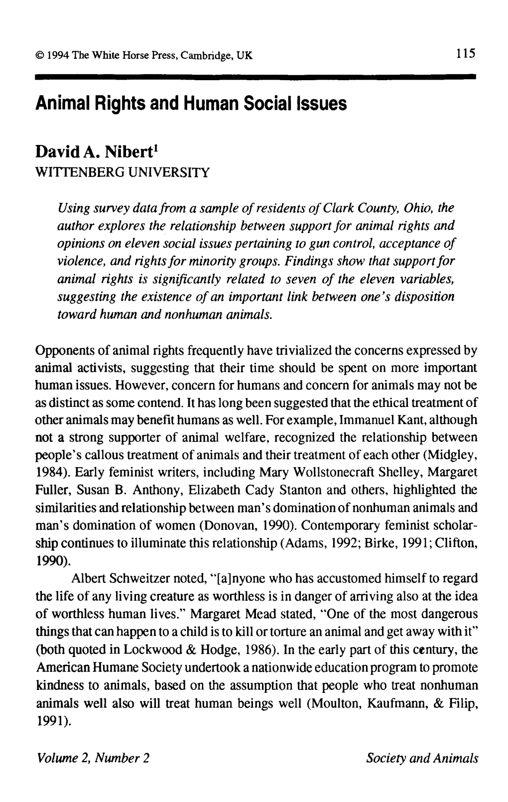 115 Animal Rights and Human Social Issues David A. Nibert1 WITTENBERG UNIVERSITY Using Survey Data from a Sample of Residents Of