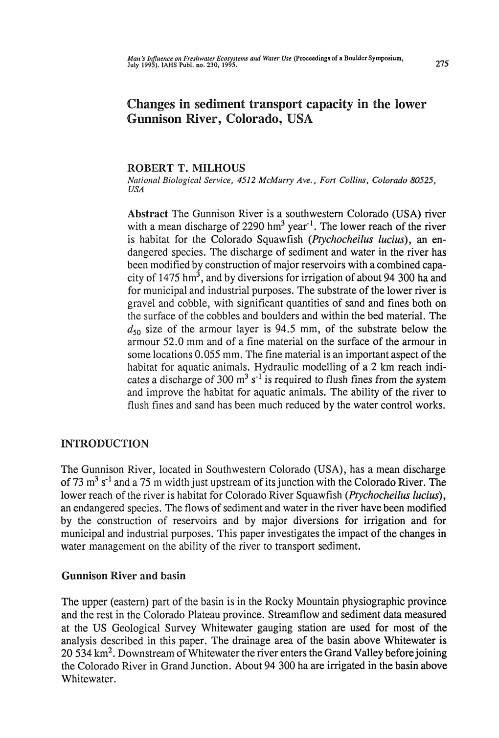 Changes in Sediment Transport Capacity in the Lower Gunnison River, Colorado, USA