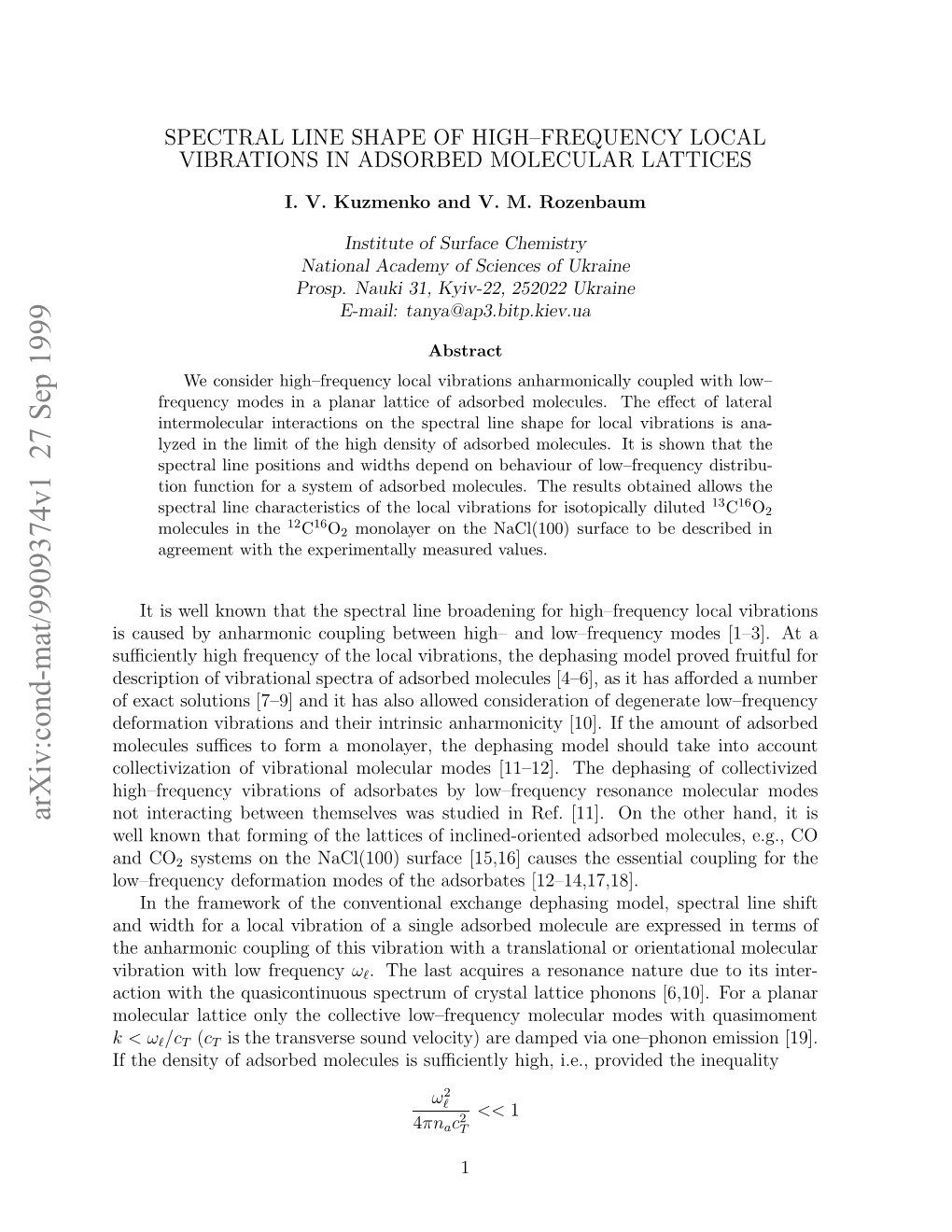 Spectral Line Shape of High-Frequency Local Vibrations In