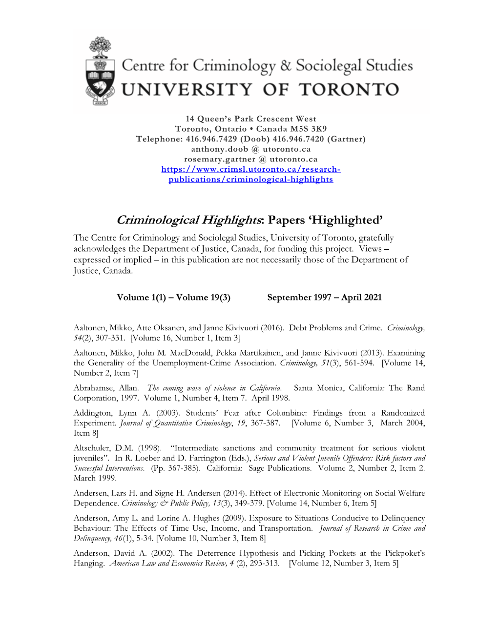 Criminological Highlights: Papers