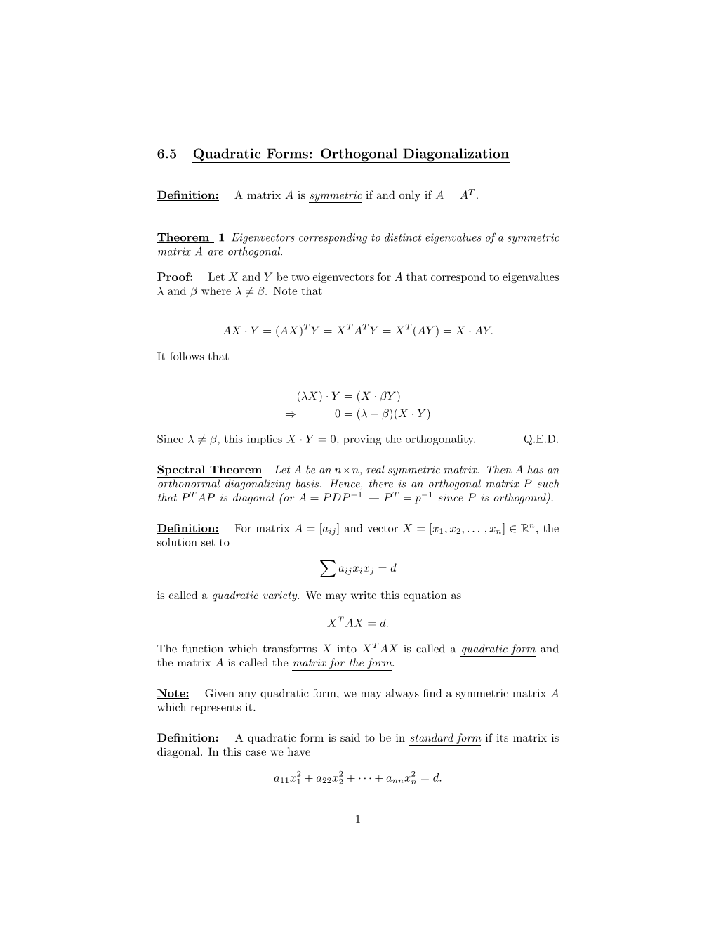 6.5 Quadratic Forms: Orthogonal Diagonalization