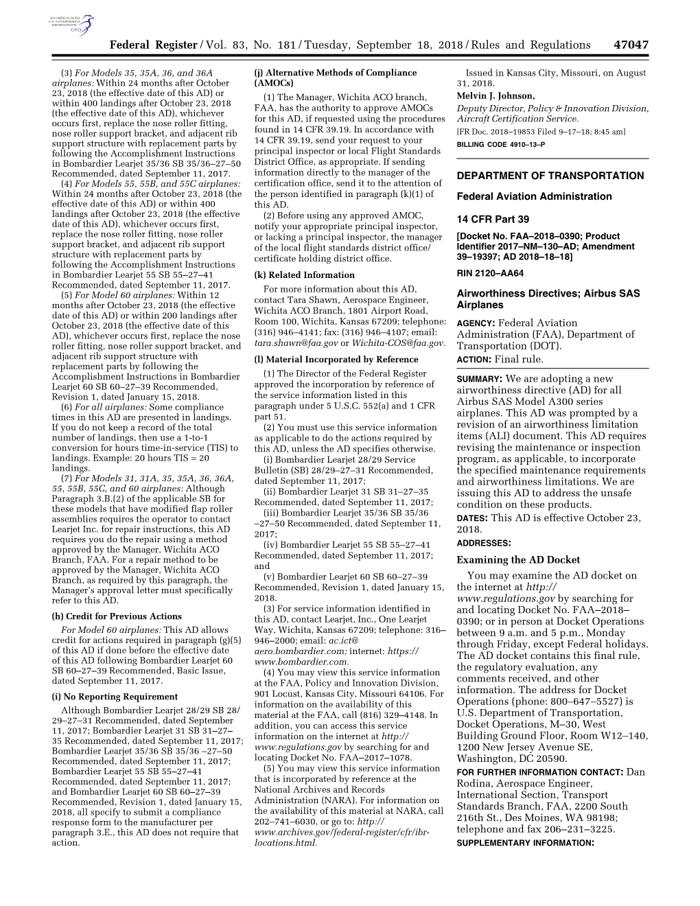 Federal Register/Vol. 83, No. 181/Tuesday, September 18, 2018