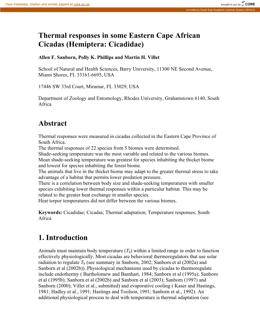 Thermal Responses in Some Eastern Cape African Cicadas (Hemiptera: Cicadidae)