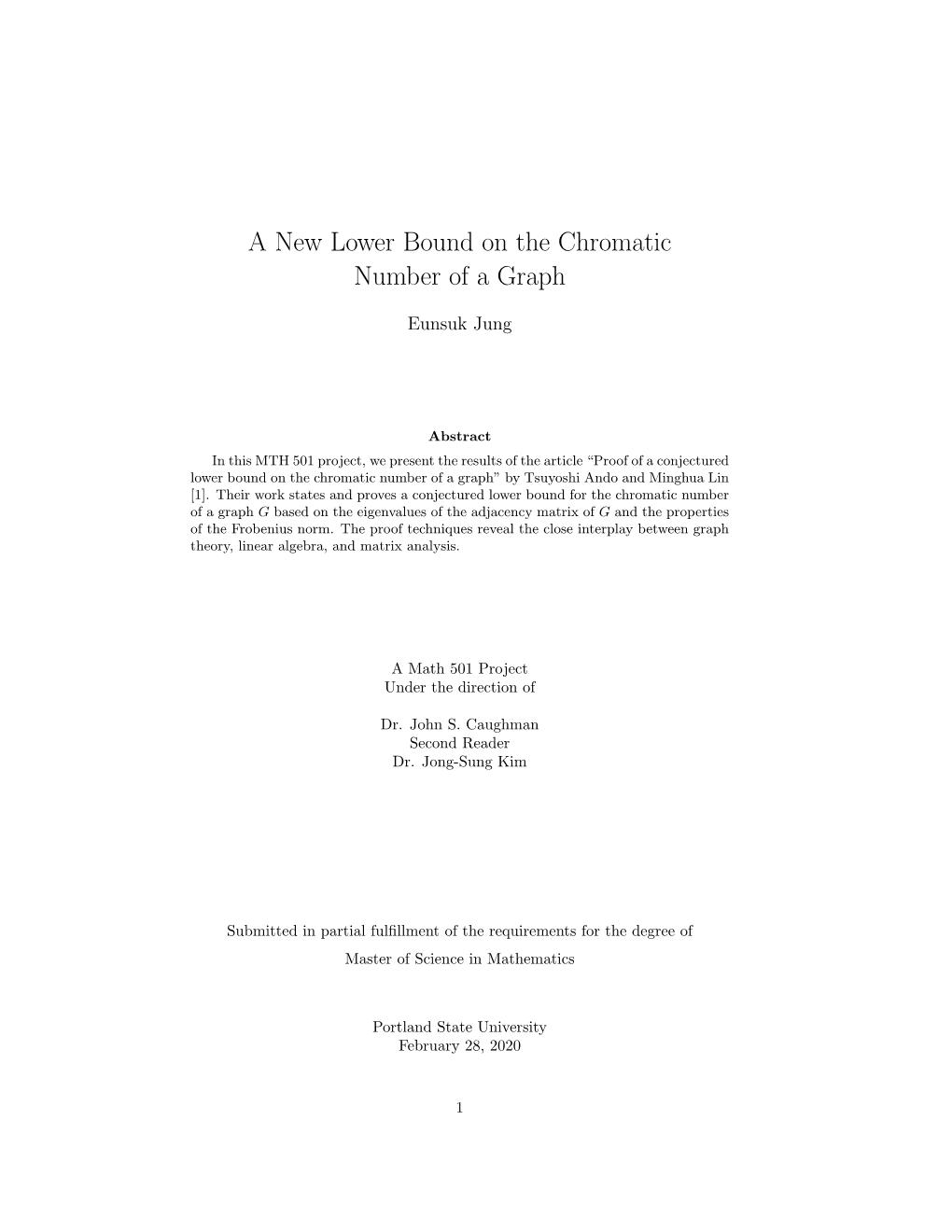 A New Lower Bound on the Chromatic Number of a Graph