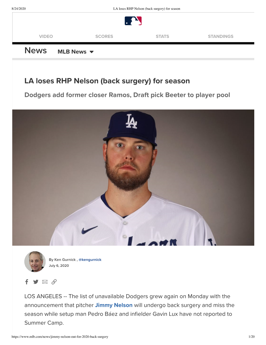 LA Loses RHP Nelson (Back Surgery) for Season